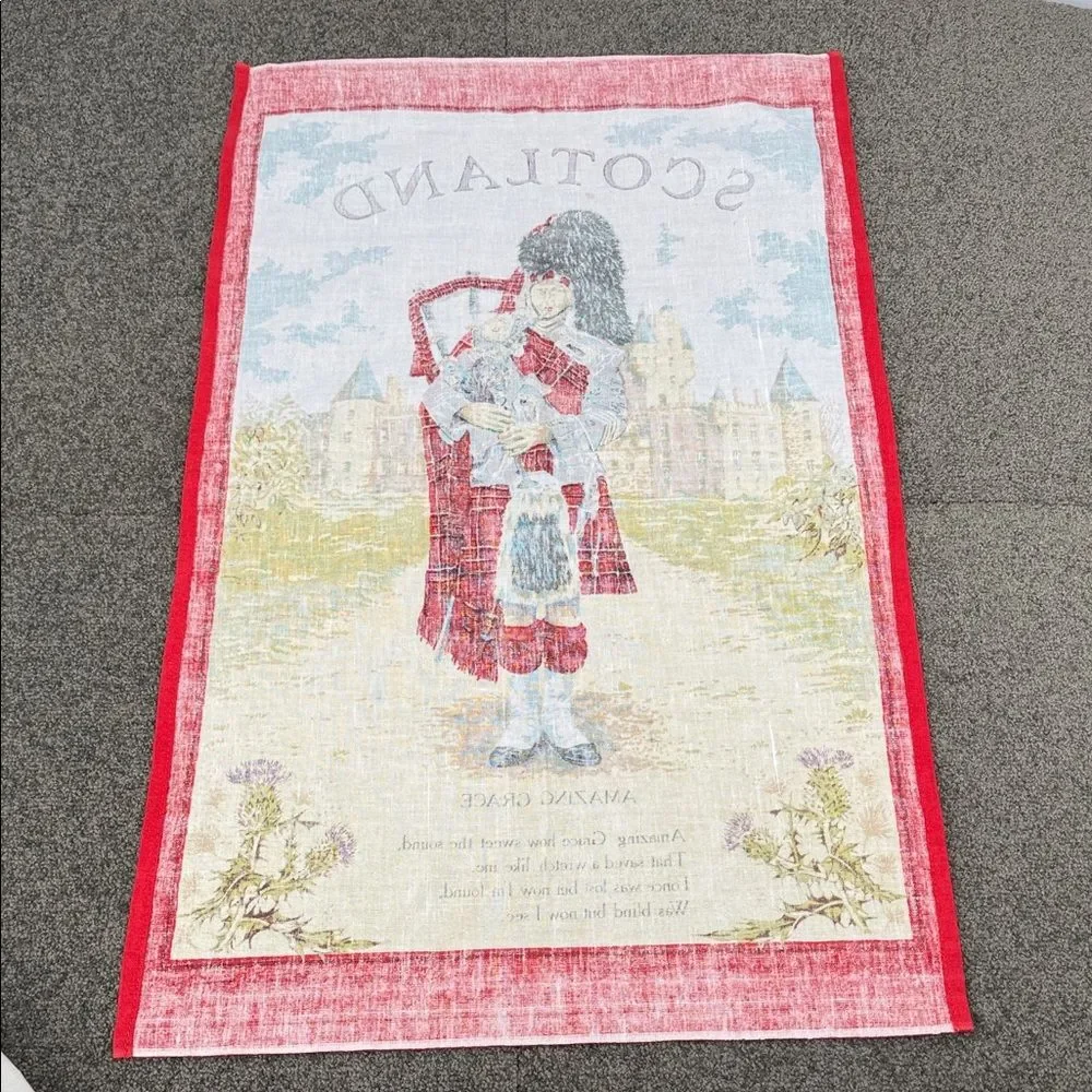 Scotland Tea Towel Wall Hanging Red Black Cotton Bagpipes Amazing Grace Kilt